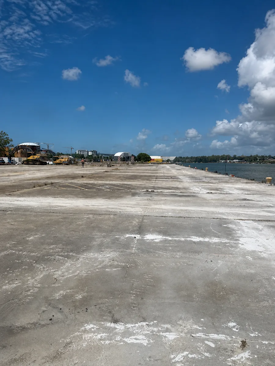 Cleared concrete wharf deck beside the Brisbane River at Hamilton Wharf