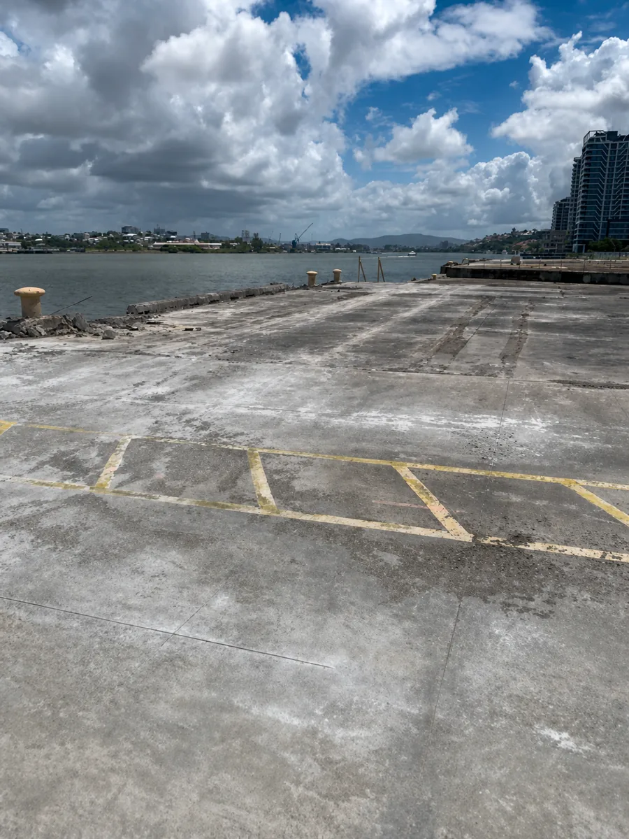 Concrete wharf deck and river edge during Hamilton Wharf demolition