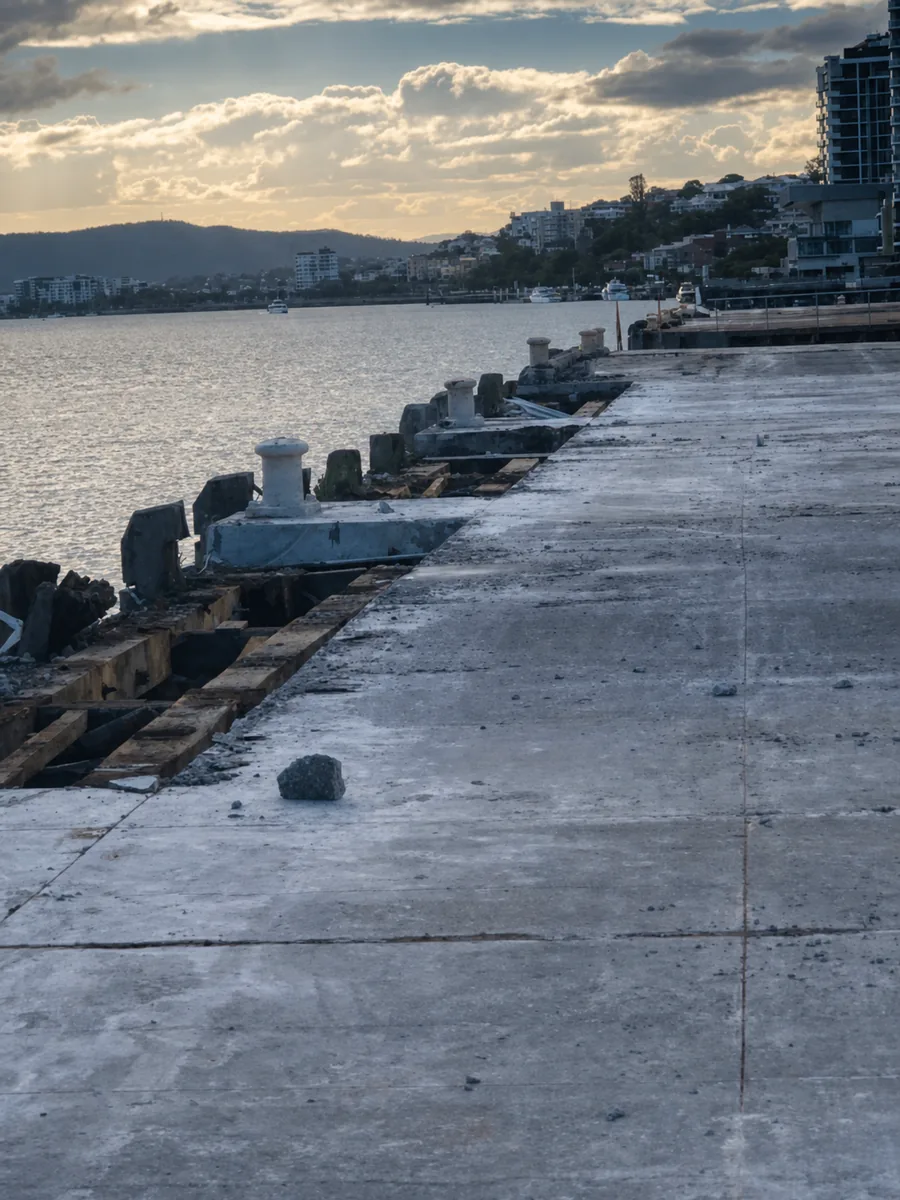 Exposed Hamilton Wharf edge structure after concrete deck removal