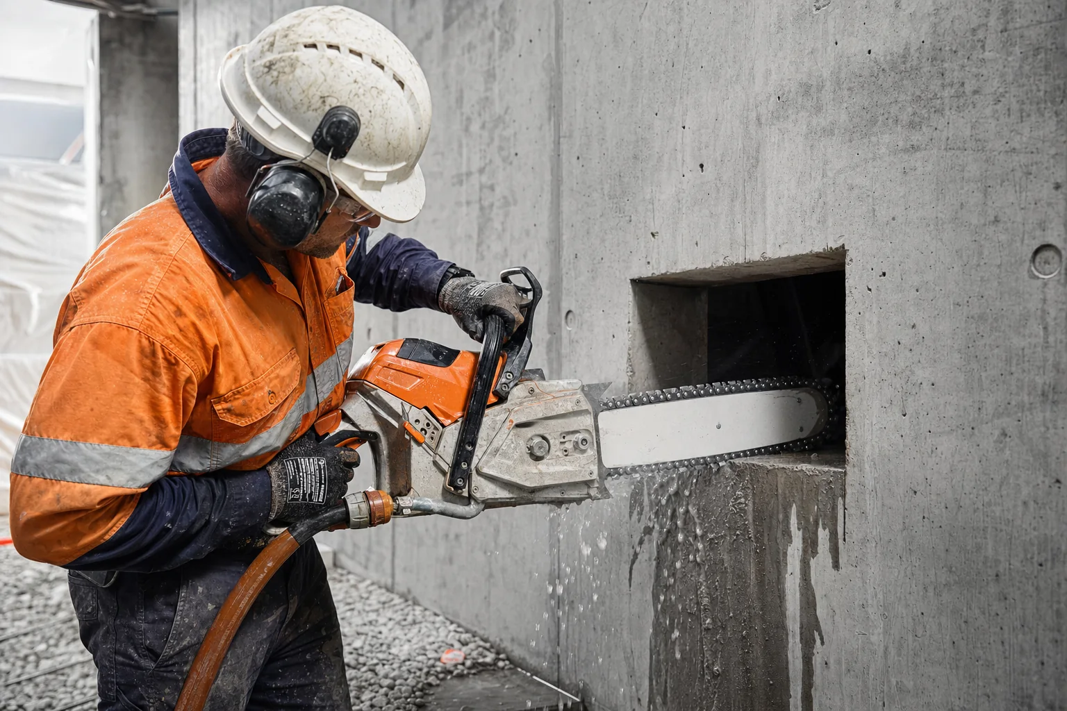 Diamond concrete chainsaw cutting a square opening