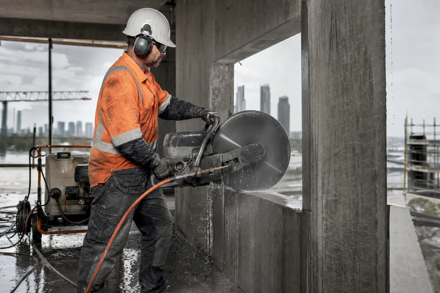 High-frequency dragon saw making a deep concrete cut