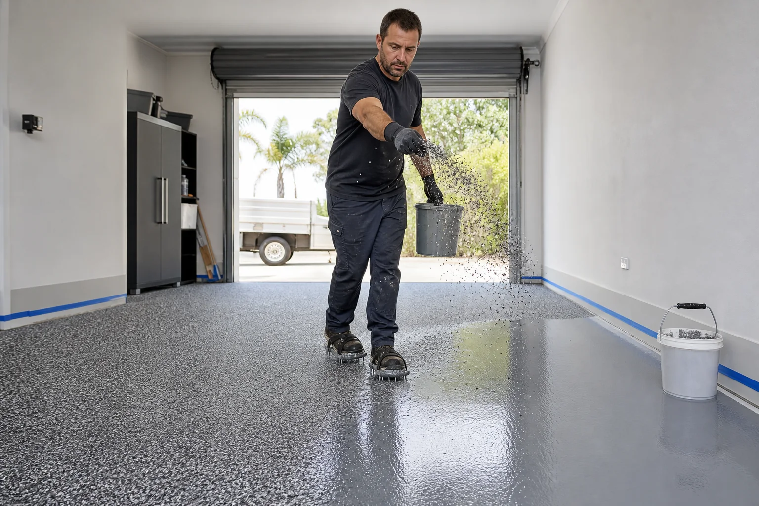 Contractor broadcasting decorative flakes into a wet epoxy floor