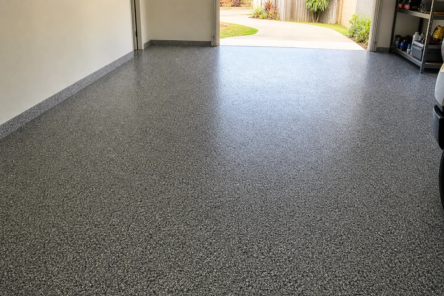 Completed charcoal and grey full flake epoxy garage floor