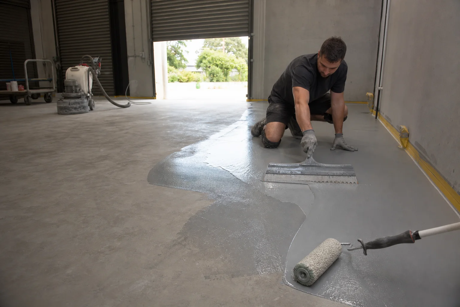 Contractor applying a grey epoxy floor coating in a Gold Coast workshop