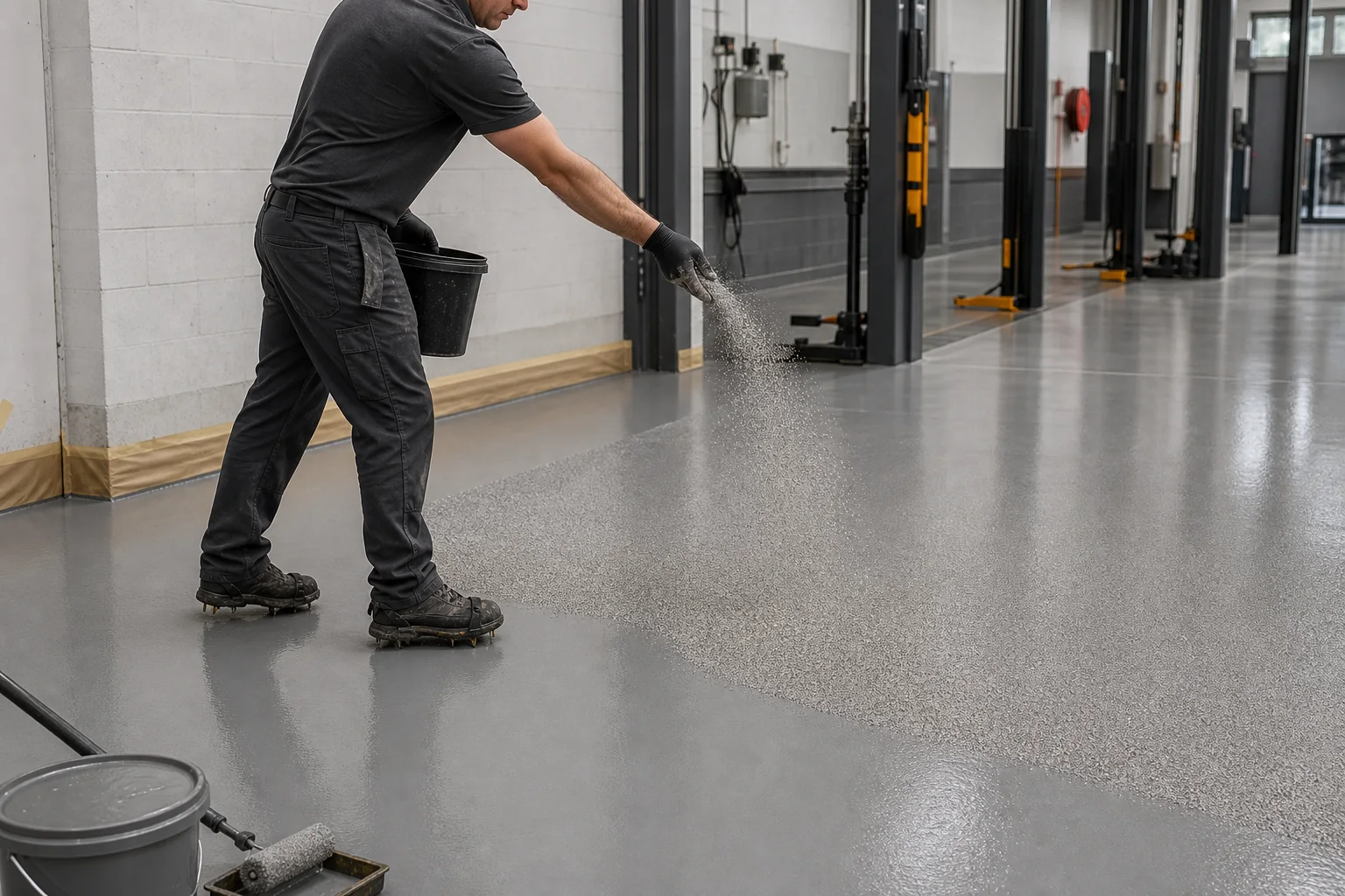 Fine aggregate being broadcast into a slip resistant epoxy floor