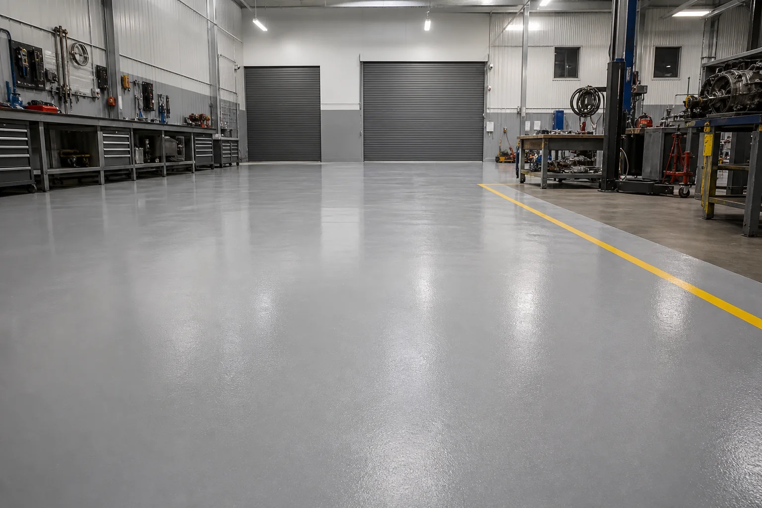 Completed solid grey epoxy floor in a commercial workshop
