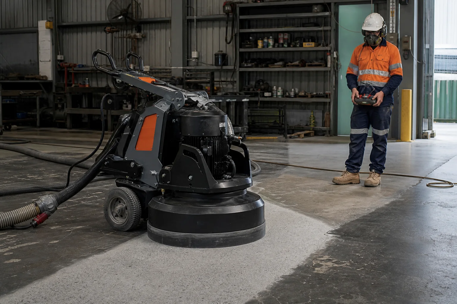 Remote concrete grinder removing a worn floor coating
