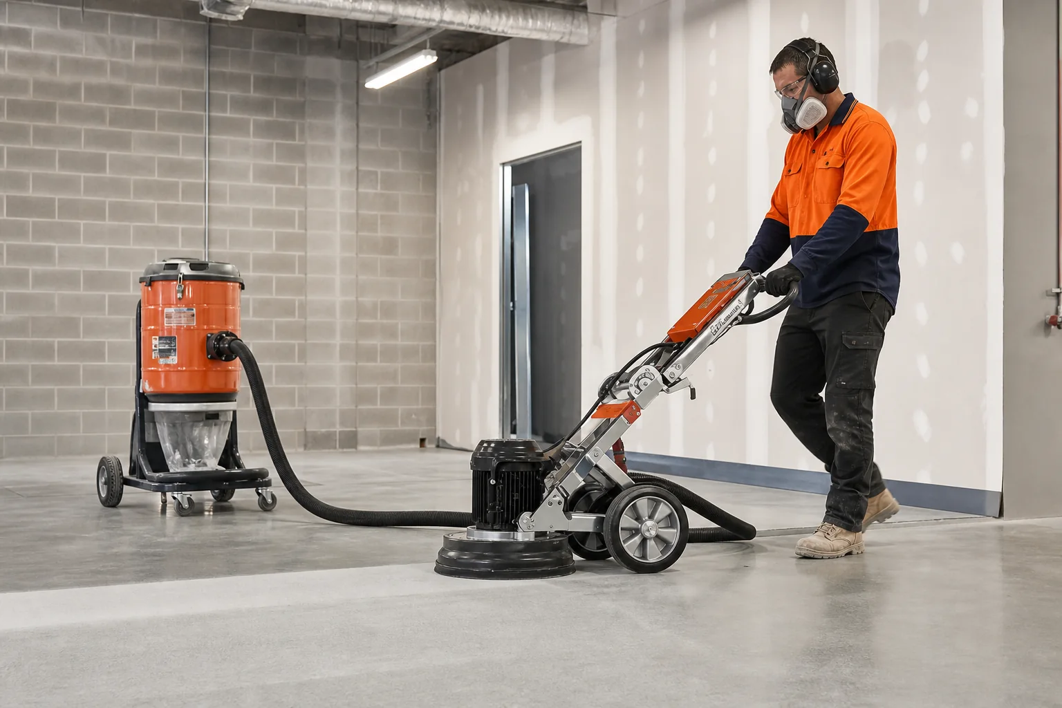 Concrete grinder connected to an industrial dust extractor