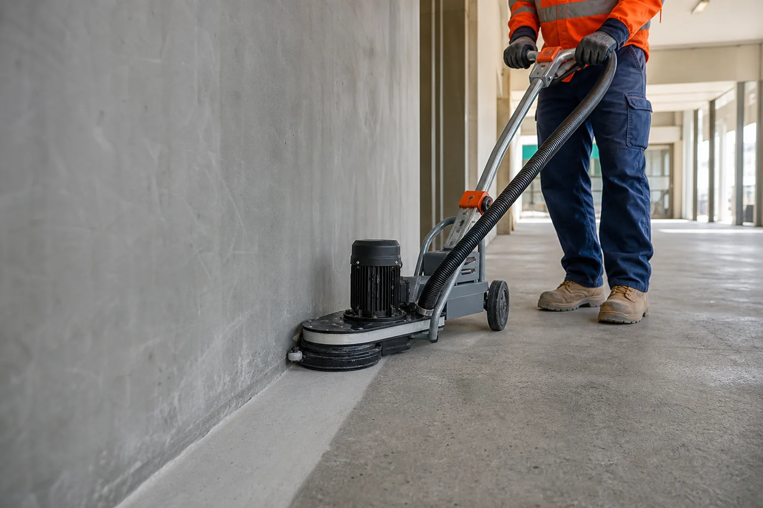 Upright concrete edge grinder working tightly along a wall