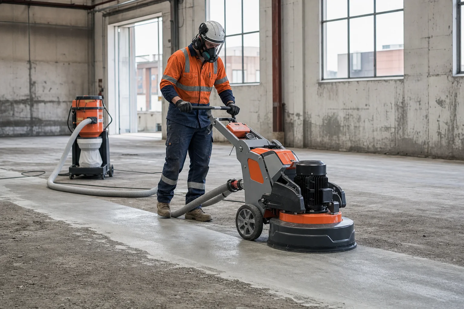 Walk-behind grinder levelling a rough concrete floor
