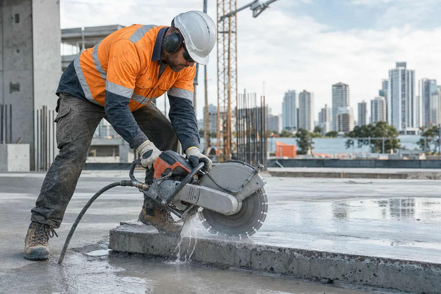 Operator using a handheld concrete saw