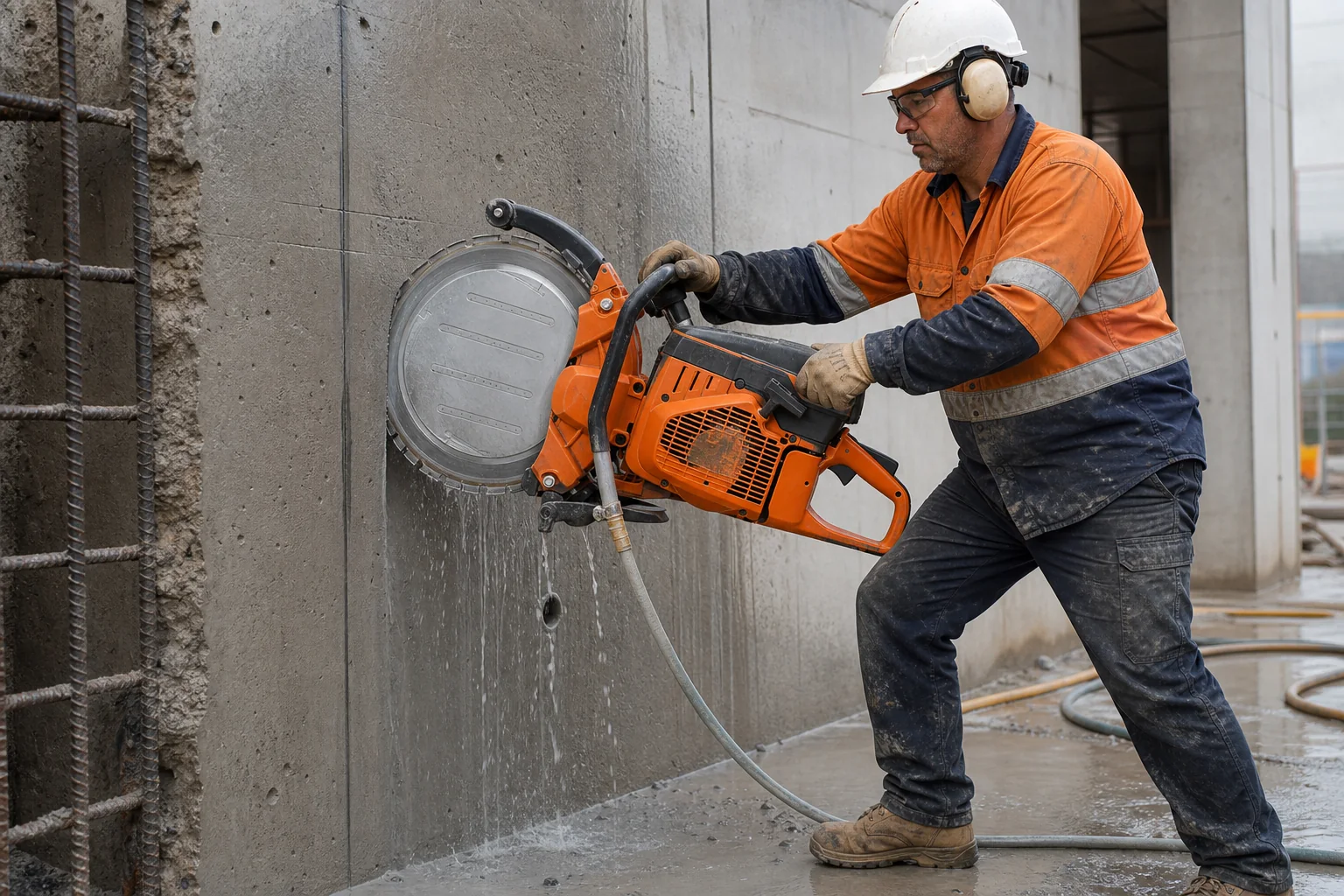 Ring saw making a deep water-controlled concrete cut