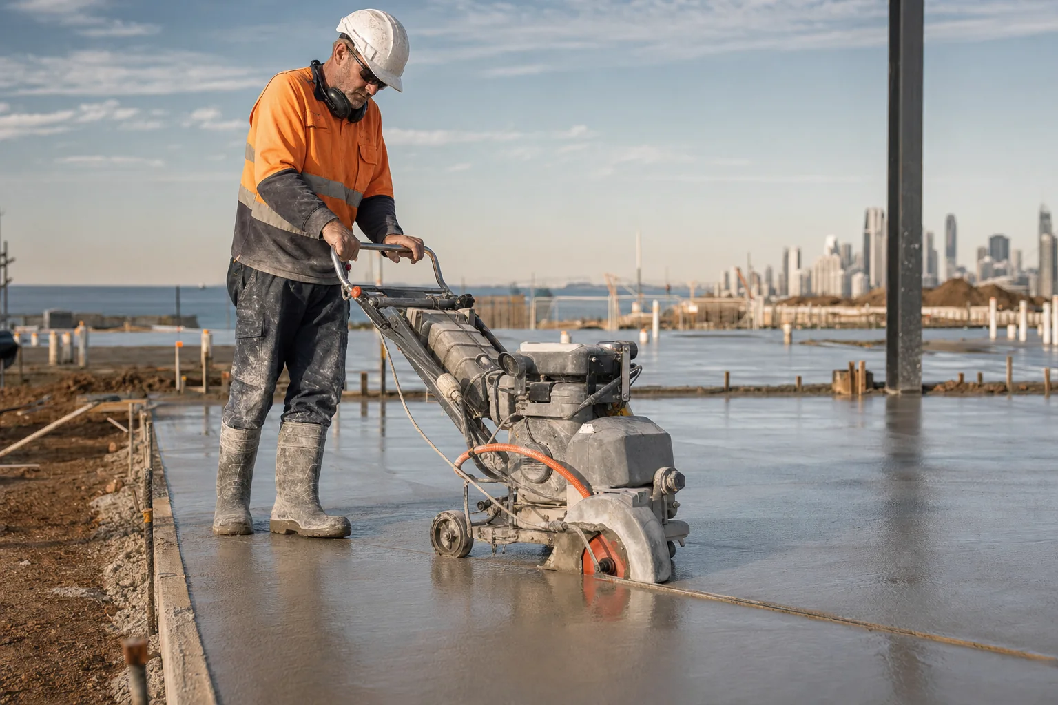 Early-entry soft-cut saw cutting a new concrete slab