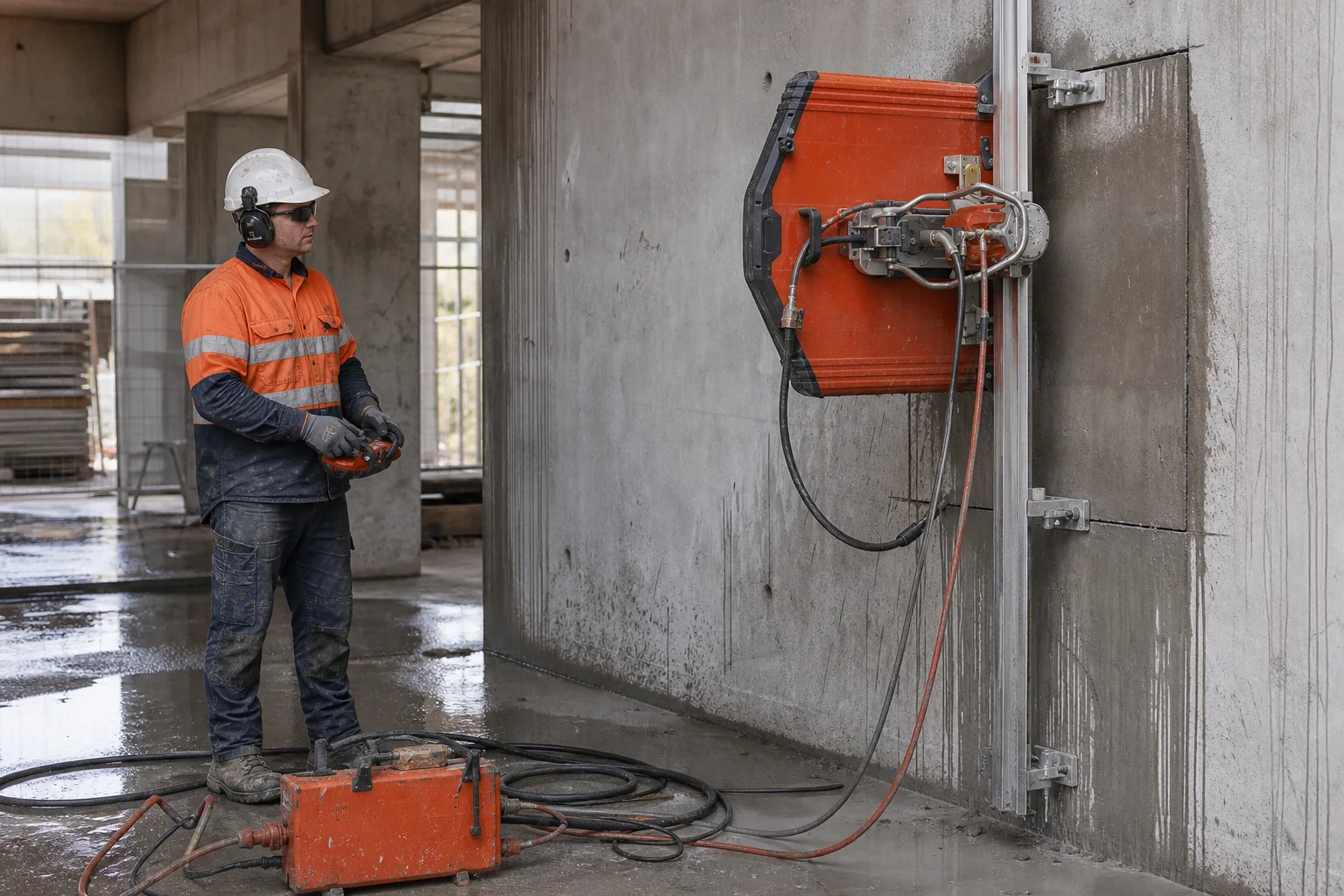 Rail-mounted wall saw cutting a vertical concrete wall
