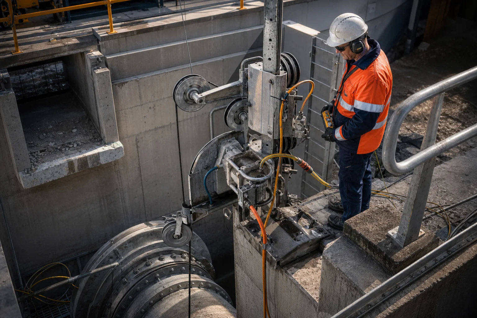 Diamond wire saw cutting a heavy concrete structure