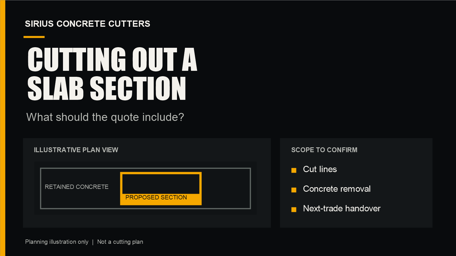 Illustration of a proposed concrete section and separate cutting, removal and next-trade handover scope questions