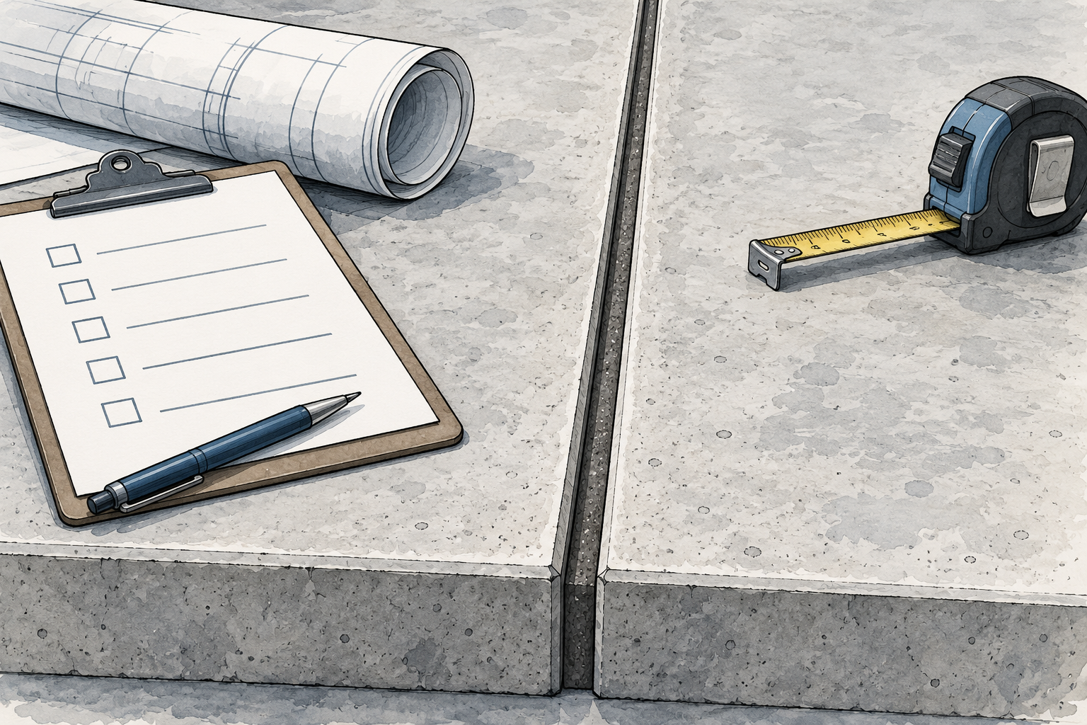 Illustration of concrete panels and a joint beside a site-brief checklist